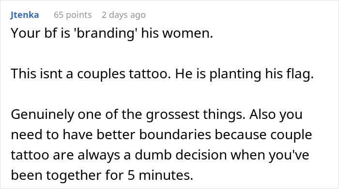 Comment discussing a woman, couple tattoo, and boyfriend's behavior, expressing strong opinions on relationship boundaries.