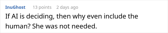 User comment criticizing AI-scored job interview real-time, questioning the need for human involvement in decision-making. User comment criticizing AI-scored job interview real-time, questioning the need for human involvement in decision-making.