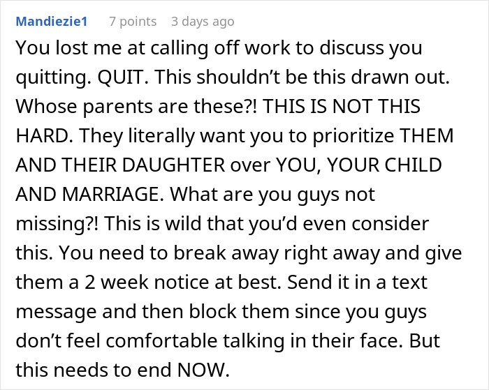 Comment discussing parents' guilt-tripping after daughter-in-law refuses to be a cheap babysitter, urging setting boundaries.
