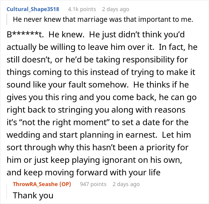Screenshot of a Reddit conversation discussing a man proposing two months after his girlfriend dumped him and revealing his true colors.