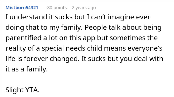 Comment discussing family challenges and boundaries about disabled brother&rsquo;s care after recent drop-off incident.