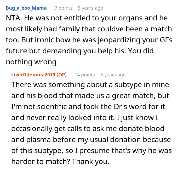 Forum users discuss refusing to donate liver and matching blood subtype in a potential lawsuit case.
