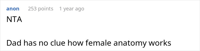 Screenshot of an online comment stating clueless dad says 15YO can use paper towel to swim on period and gets called out.