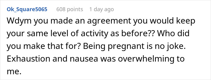 Comment discussing pregnancy exhaustion and soreness affecting ability to work out, accusing victim mentality.