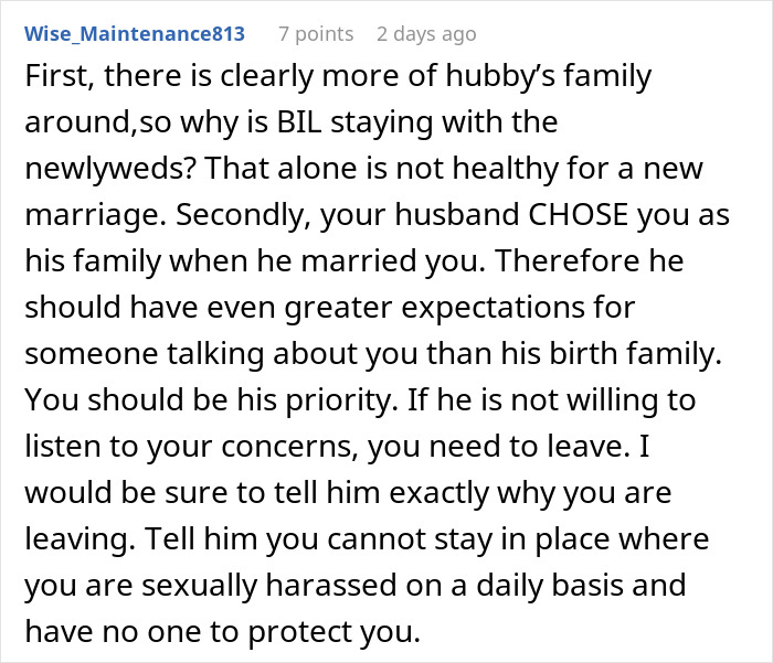 Comment discussing unhealthy family dynamics and relationship issues involving creepy brother-in-law affecting the marriage.