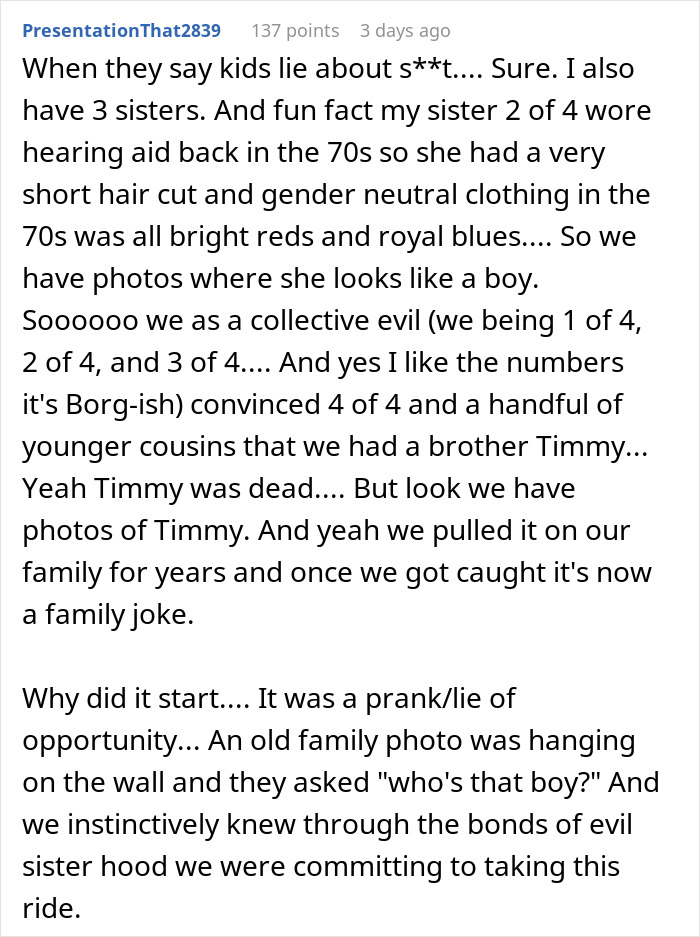 Text post sharing a sister-revealed-dead-brother-lie prank and family photos of the fictional brother Timmy.