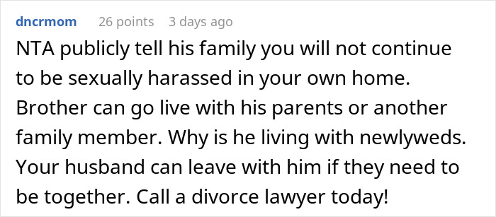 Reddit comment advising a wife to confront family and consider divorce over creepy brother-in-law situation.