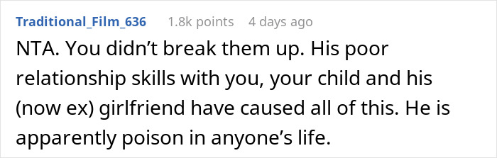 Screenshot of a comment discussing poor relationship skills leading to a broken engagement involving a future stepkid.
