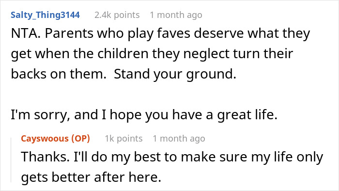 Forum conversation discussing toxic parents favoring a golden child son and conflict with younger son refusing house help.