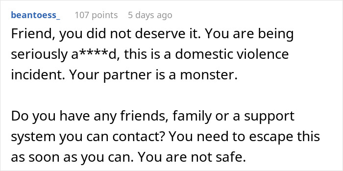 Comment warning about domestic violence and urging support for a victim of a destroyed jewelry box incident.
