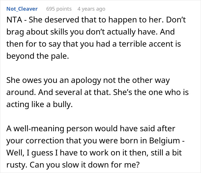 Text excerpt showing a discussion about a woman embarrassing a new colleague by pretending to speak a language well.