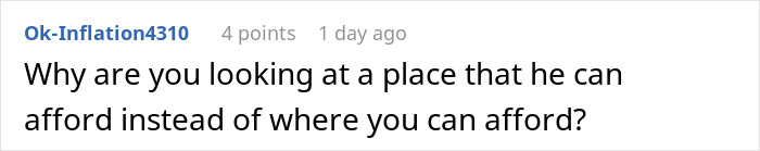 Comment on Reddit discussing rent affordability, highlighting conflict between rich boyfriend demands equal split rent and girlfriend refuses.