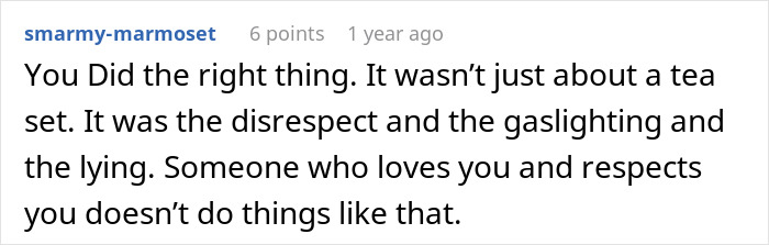 Comment discussing a man ruining his marriage by stealing his wife&rsquo;s tea set and giving it to his niece.