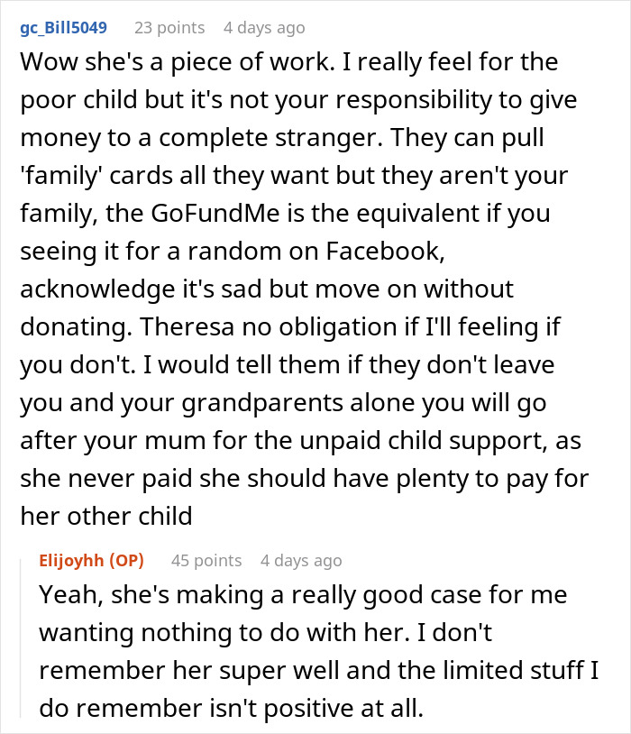 Reddit comments discussing a bio mom who abandoned her 4-year-old son and later seeks financial support. Reddit comments discussing a bio mom who abandoned her 4-year-old son and later seeks financial support.