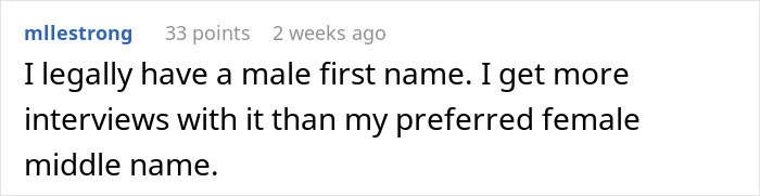 User comment about having a male first name and receiving more job interviews than with a female middle name.