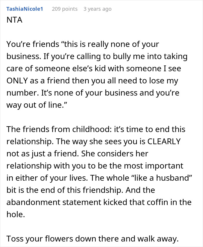 Comment discussing a woman keeping ex&rsquo;s baby and assuming male best friend will act as father figure in the relationship.