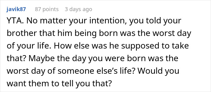 Comment text discussing a woman making her brother feel like she hates him after he thanks her for delivering him.