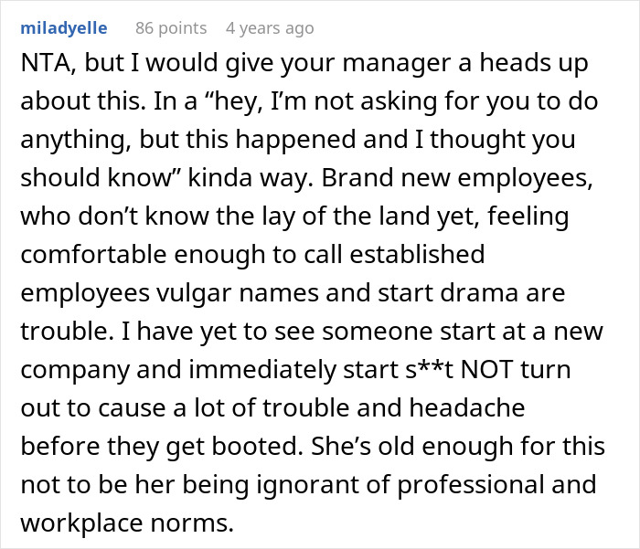 Text post showing a discussion about workplace drama where a woman embarrasses a new colleague with language claims.
