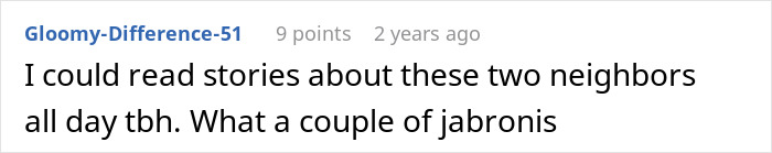 Comment on a forum post expressing amusement about two neighbors, highlighting the man turning on Karen mode with neighbors.