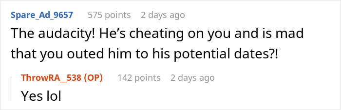 Screenshot of an online conversation discussing cheating in boyfriend dating relationships with bold text and usernames.