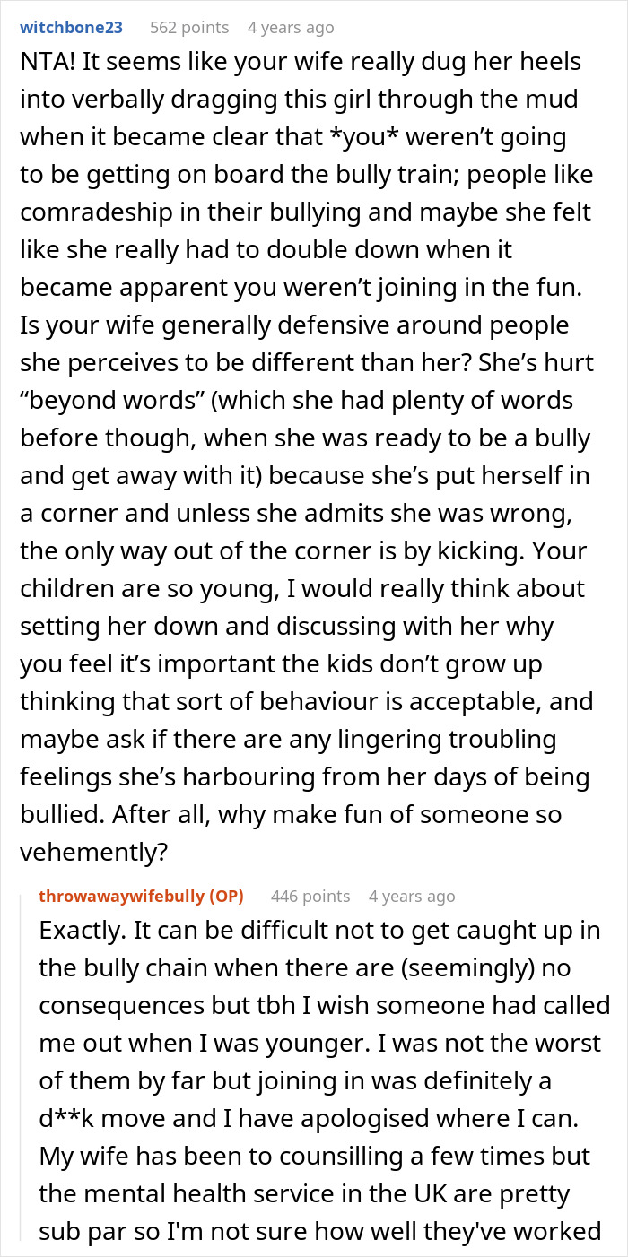 Reddit comment discussing wife called a bully and the impact of bullying on her life and behavior.