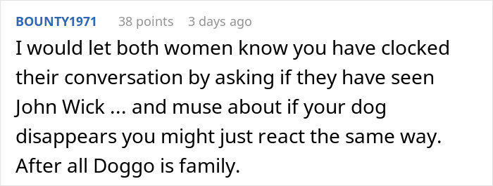 Screenshot of a Reddit comment discussing an elderly lady allegedly planning to steal neighbor&rsquo;s doggo, with the owner in shock.