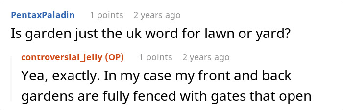 Screenshot of an online discussion about lawn versus garden, highlighting a user explaining fenced gardens and shared neighborhood spaces.