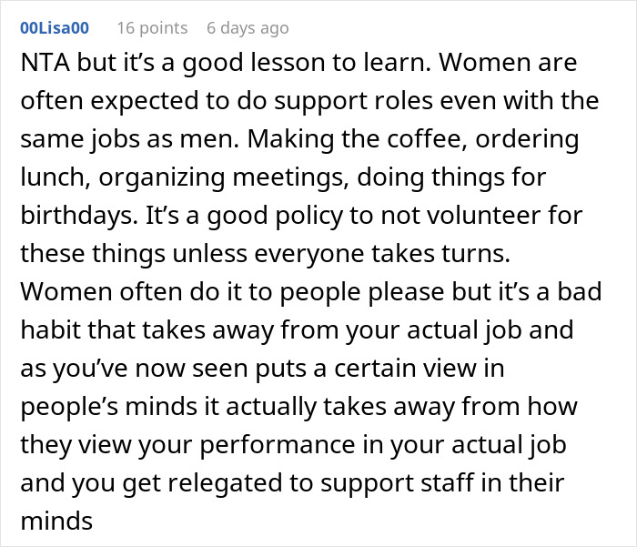 Comment discussing how a woman accused of making things awkward at work by stopping baking highlights gender expectations.