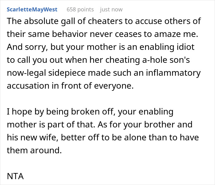 Screenshot of a social media comment discussing accusations of cheating and family conflict involving a man's wife and ex-mistress.