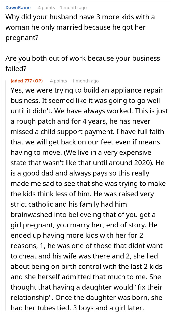 Screenshot of a Reddit conversation about a woman using car accident settlement money to buy a new car while her husband&rsquo;s ex reacts strongly.