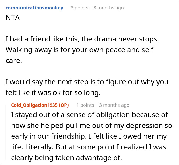 Comment discussing a woman ending a long friendship after feeling used by her friend with multiple kids and partners.