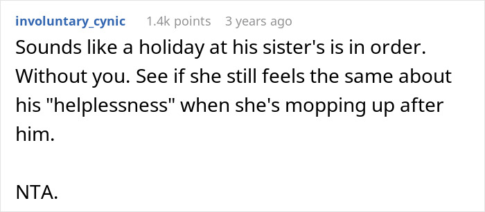 Reddit comment discussing wife cleaning bed repeatedly as husband refuses to use diapers or catheter for care.
