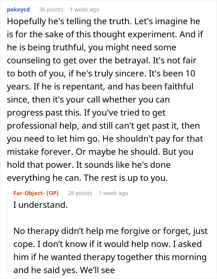 ALT text: Online conversation discussing heartbroken woman confronting hubby&rsquo;s affair from 10 years ago and emotional struggle.