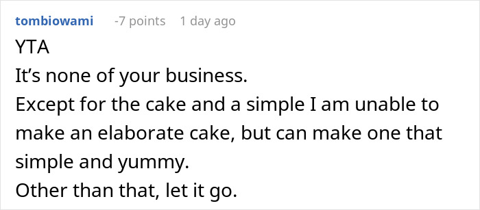 Comment discussing inability to make an elaborate cake for a bride planning a wedding without spending money.