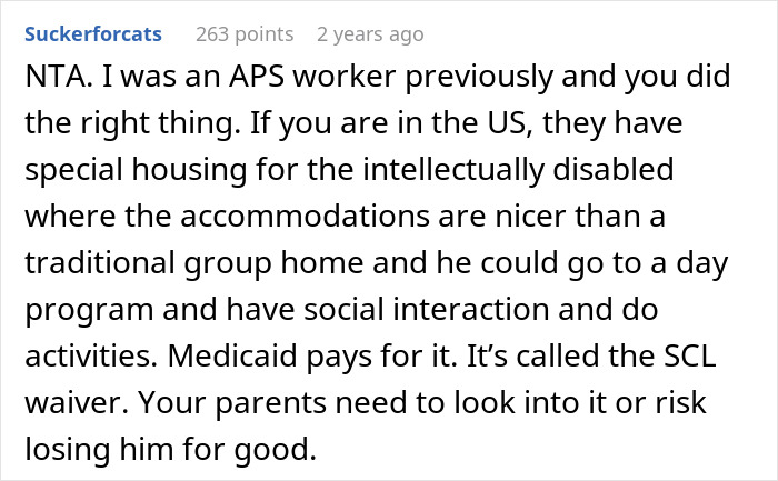 Screenshot of online comment discussing care options and boundaries for disabled brother after drop-off incident.