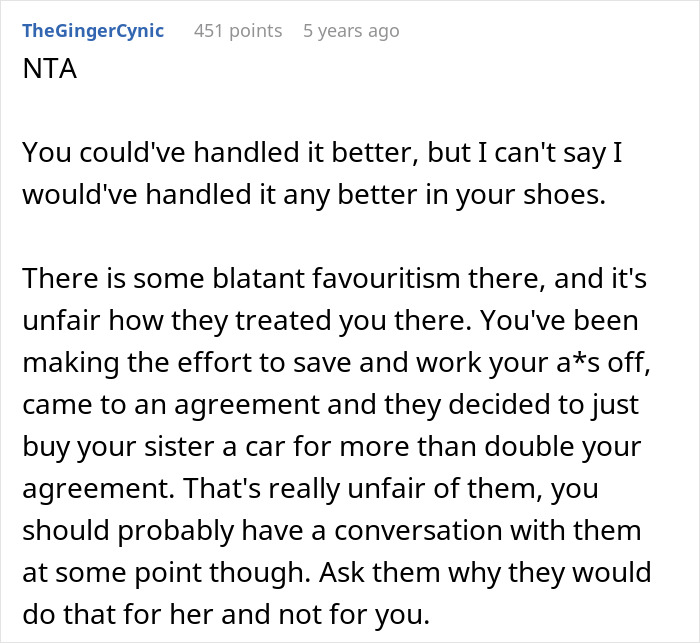 Comment discussing parents gifting 17YO golden child a $25K car while older sibling receives only a phone case.