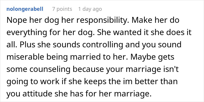 Comment discussing man upset with unwanted puppy responsibility, advising to make partner fully handle dog care.