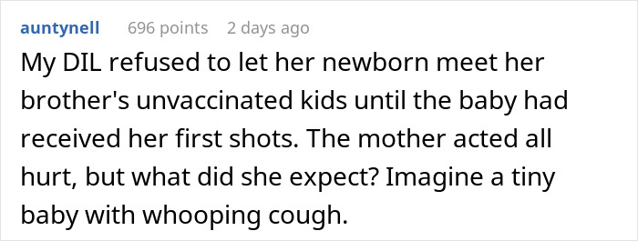 Text post about a woman refusing to allow her newborn to meet unvaccinated kids, causing family tension.