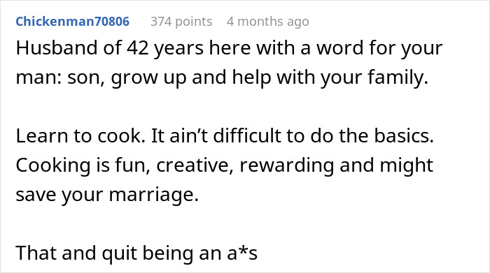 Comment about husband yelling at wife for cooking the same dish after not allowing different ingredients, emphasizing cooking and family.