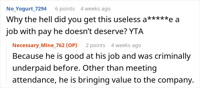 Text conversation showing a heated argument about a man who was given a job and repays with complaints and insults.