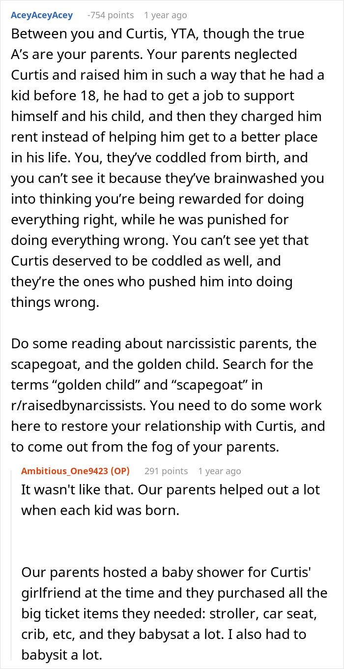Reddit conversation discussing family dynamics and the golden child role in a controlling sibling relationship.