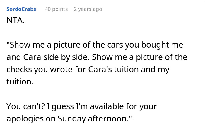 Text excerpt discussing a golden child&rsquo;s reality check after sister&rsquo;s college acceptance and tuition comparisons.