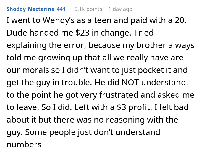 Alt text: A story about a waiter assumed $40 change was a tip, causing confusion and frustration over money. Alt text: A story about a waiter assumed $40 change was a tip, causing confusion and frustration over money.