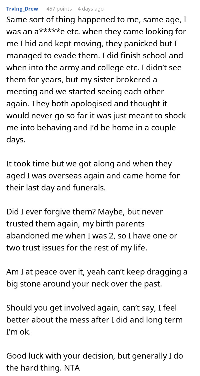 Comment from a user sharing their experience of parents kicked out teen, forgiveness, trust issues, and moving on. Comment from a user sharing their experience of parents kicked out teen, forgiveness, trust issues, and moving on.