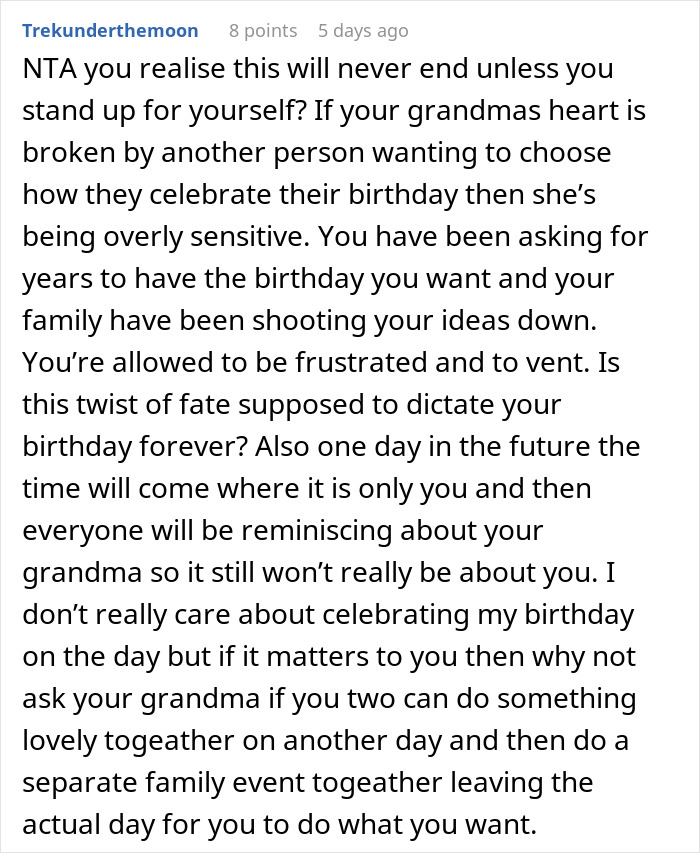 Text post discussing frustration of a 17YO venting about sharing birthday with grandma causing family drama.