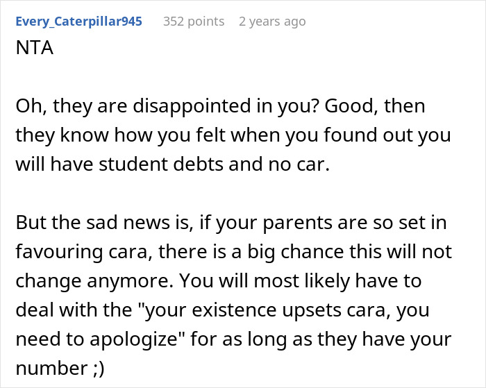 Text post discussing feelings of disappointment and parental favoritism involving college acceptance and student debts.