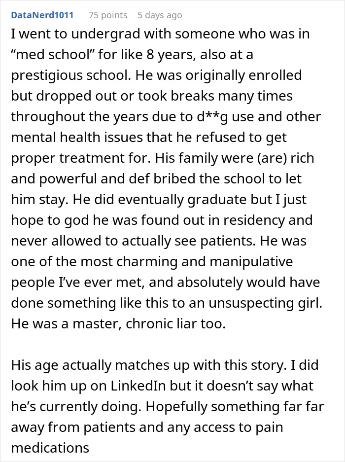 Reddit comment about a woman suspecting the guy she's seeing is lying about attending medical school.