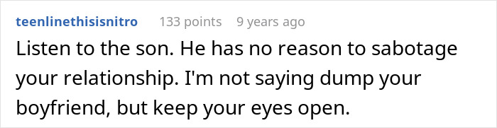 Screenshot of a comment advising to listen to the boyfriend&rsquo;s grown son for a wake-up call in a relationship.
