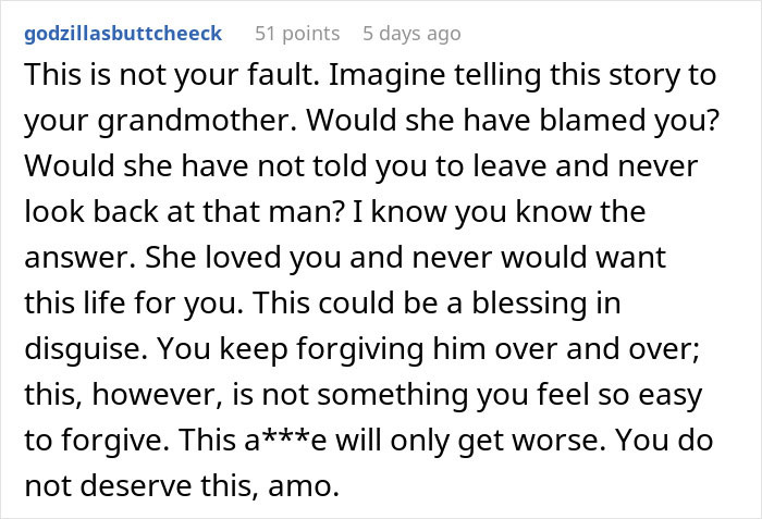 Comment expressing support for someone whose boyfriend destroyed their girlfriend&rsquo;s grandma&rsquo;s jewelry box, urging them to forgive themselves.
