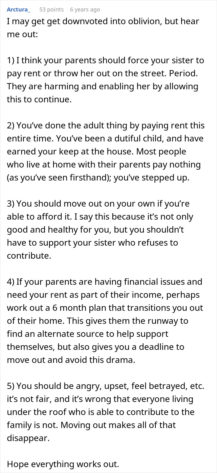 Comment discussing sibling refusing to keep paying rent to parents after discovering sister lives rent free and advice on moving out.